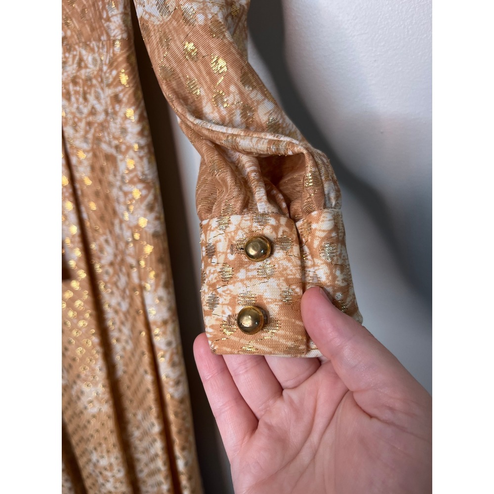 1970s Nancy Greer Metallic Gold Salmon Disco Glam Regency Event Maxi Dress M - Picture 7 of 7